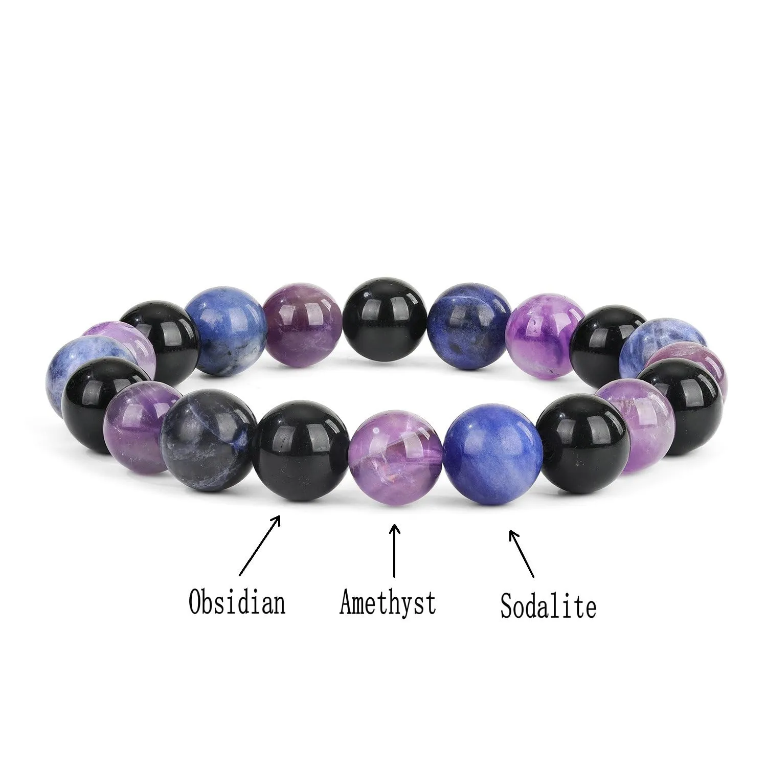 Crystal Vibe Empowerment Bracelet  Strength & Confidence Bracelet  Amethyst, Black Obsidian & Sodalite Crystal Bracelet - 10mm Beaded Bracelets For Men Women  Adjustable Size