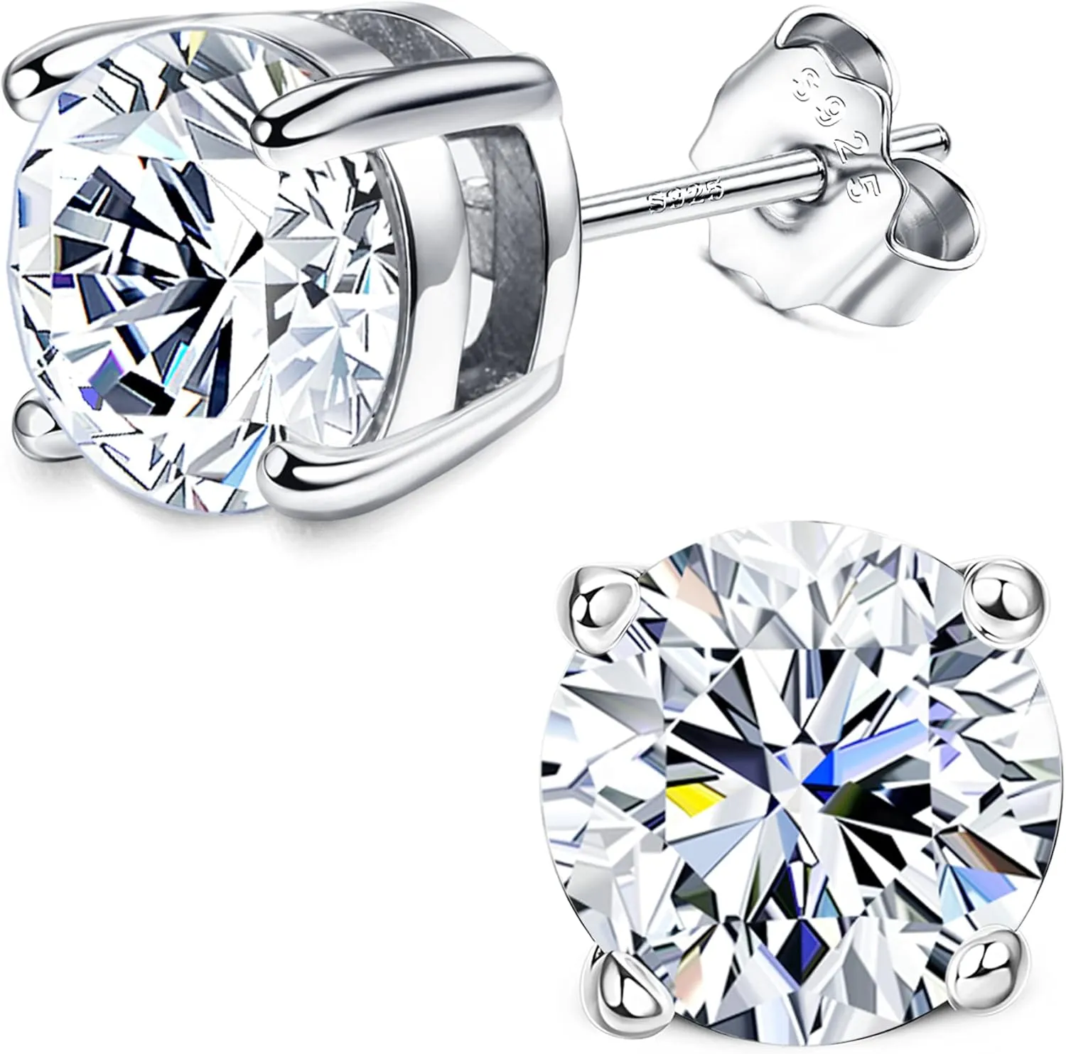 Cubic Zirconia Earrings MUSECLOUD 925 Sterling Silver Stud Earrings For Women White Gold Plated 4 Prong 0.5-4ct Brilliant Round Cut CZ Earrings Studs Set