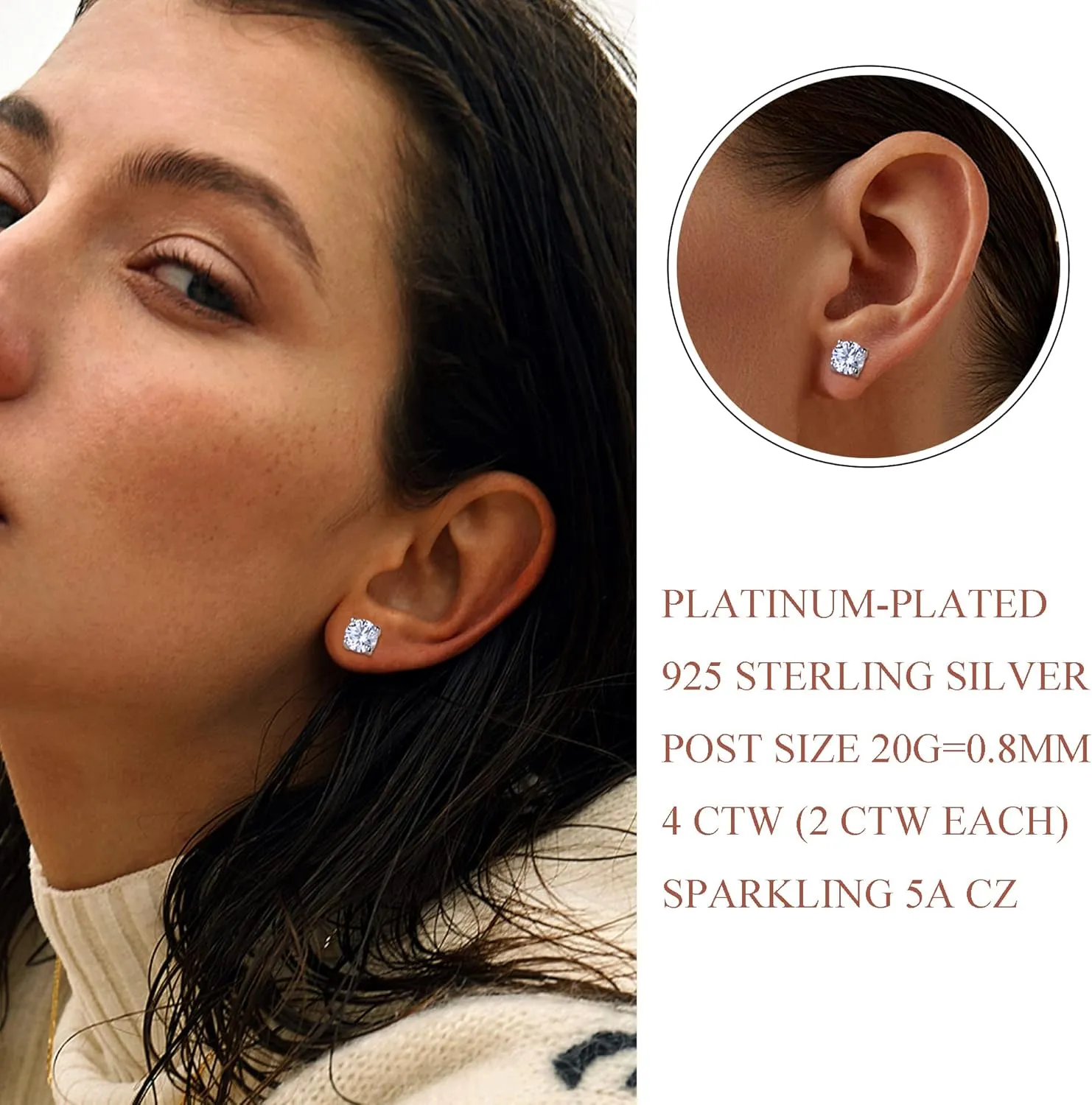 Cubic Zirconia Earrings MUSECLOUD 925 Sterling Silver Stud Earrings For Women White Gold Plated 4 Prong 0.5-4ct Brilliant Round Cut CZ Earrings Studs Set