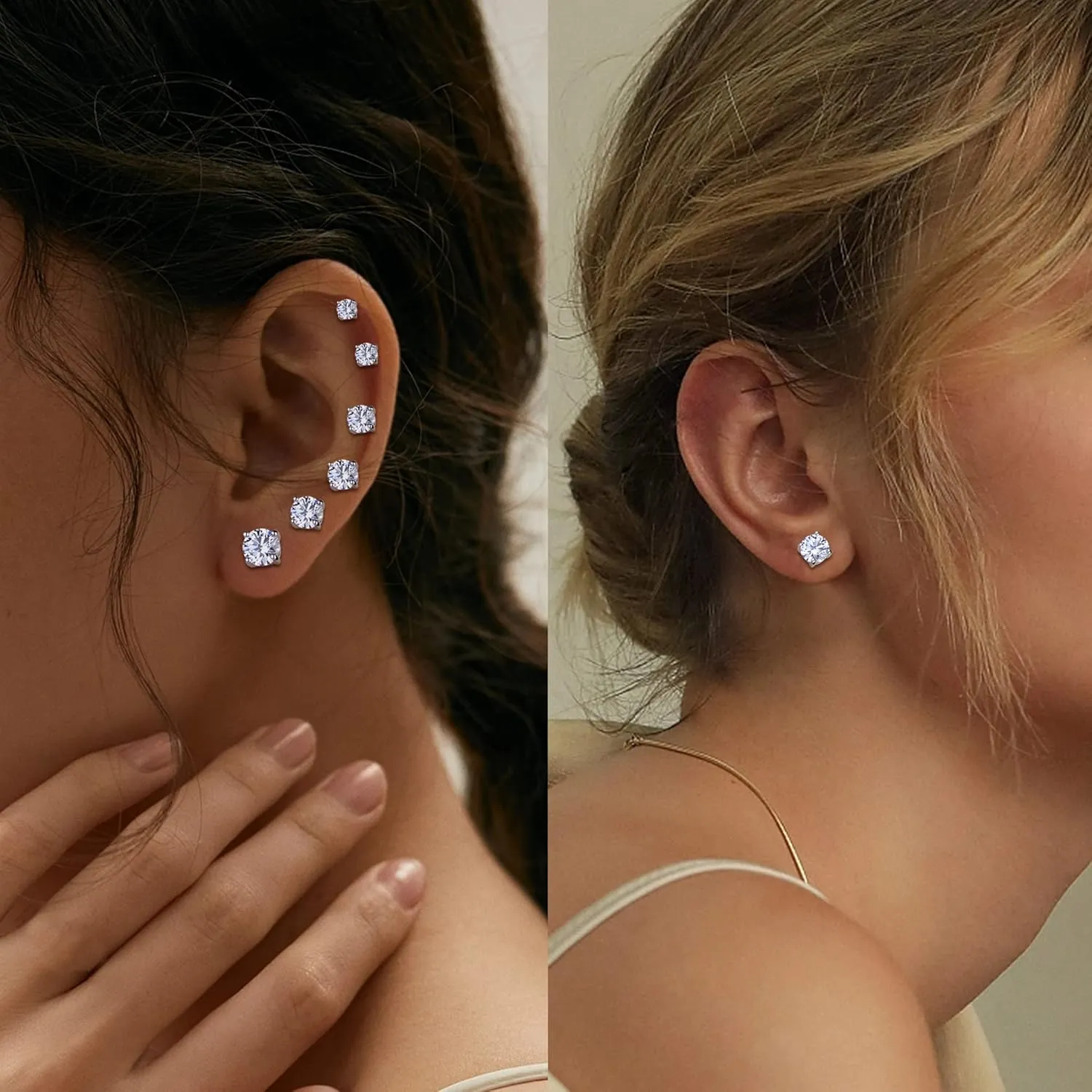 Cubic Zirconia Earrings MUSECLOUD 925 Sterling Silver Stud Earrings For Women White Gold Plated 4 Prong 0.5-4ct Brilliant Round Cut CZ Earrings Studs Set