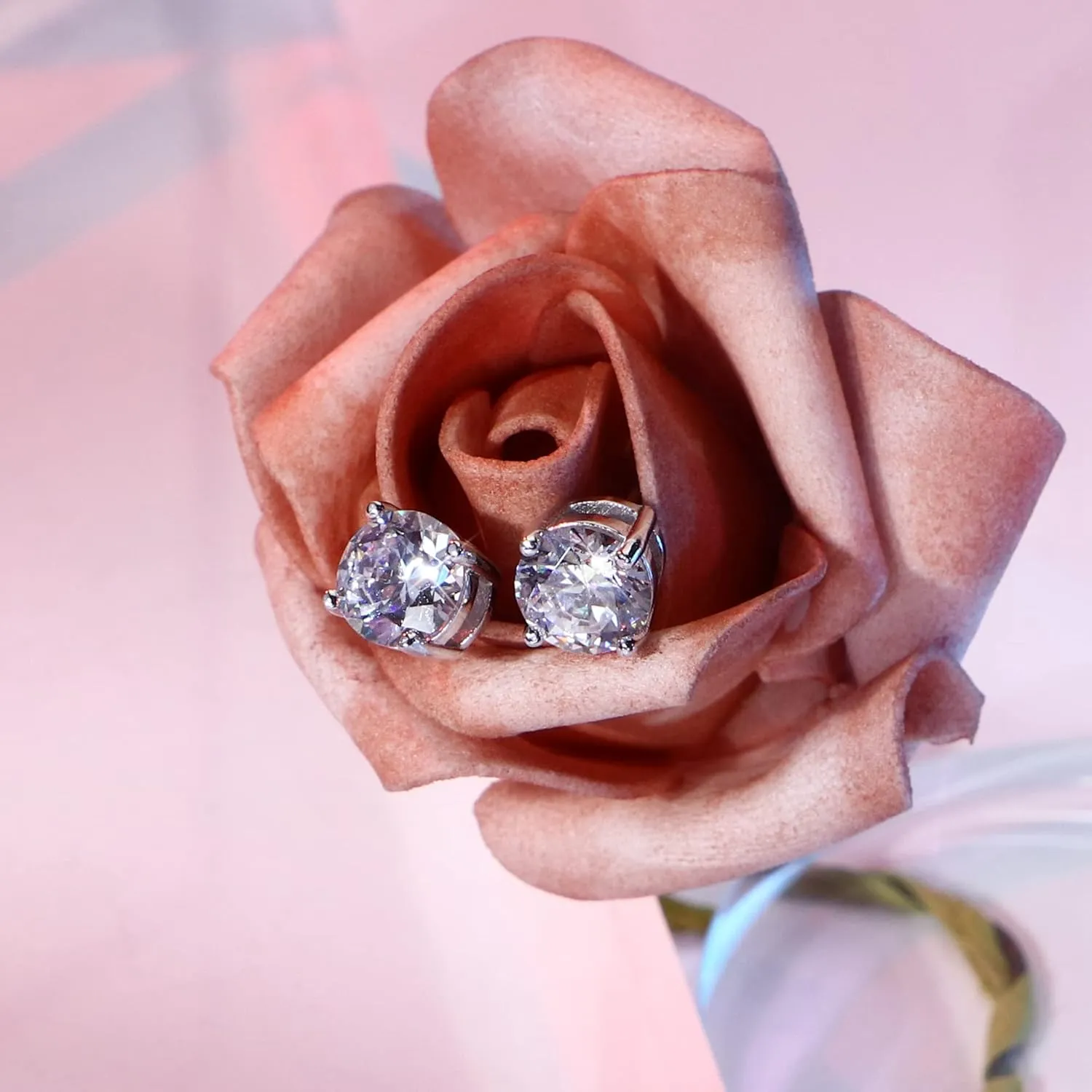 Cubic Zirconia Earrings MUSECLOUD 925 Sterling Silver Stud Earrings For Women White Gold Plated 4 Prong 0.5-4ct Brilliant Round Cut CZ Earrings Studs Set