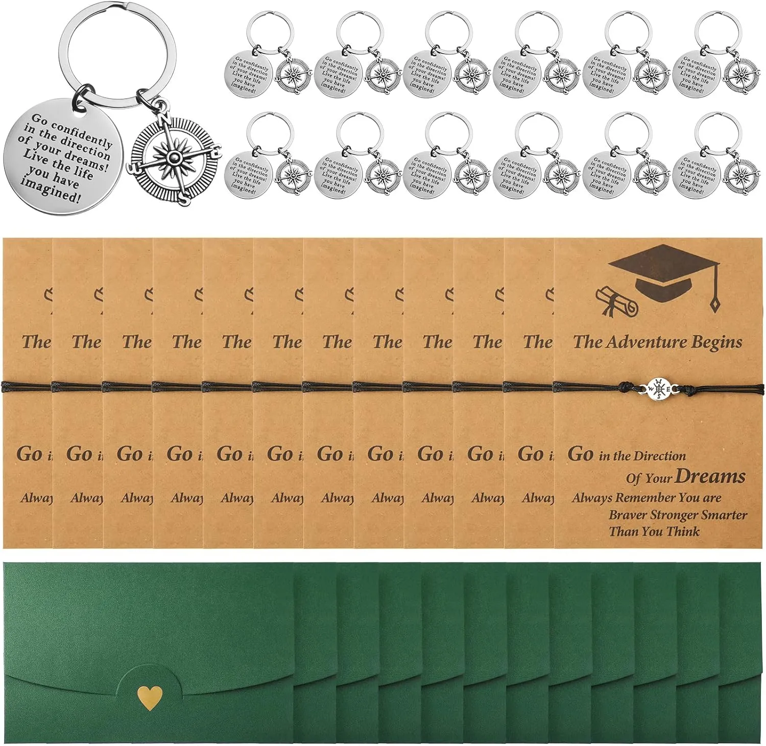 Cunno 12 Sets 2025 Graduation Gifts for Her Him Include 12 Compass Bracelet 12 Graduation Keychain 12 Kraft Envelopes