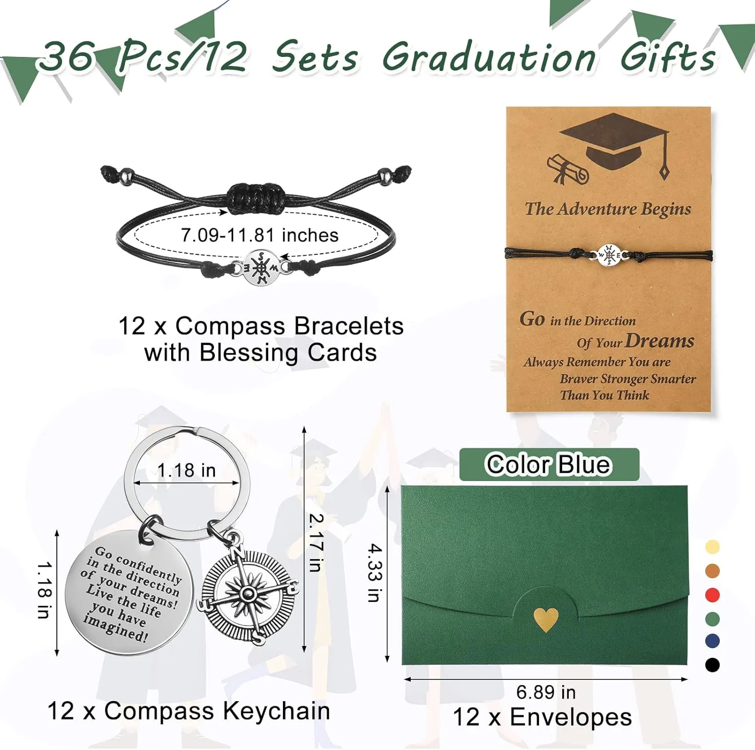 Cunno 12 Sets 2025 Graduation Gifts for Her Him Include 12 Compass Bracelet 12 Graduation Keychain 12 Kraft Envelopes