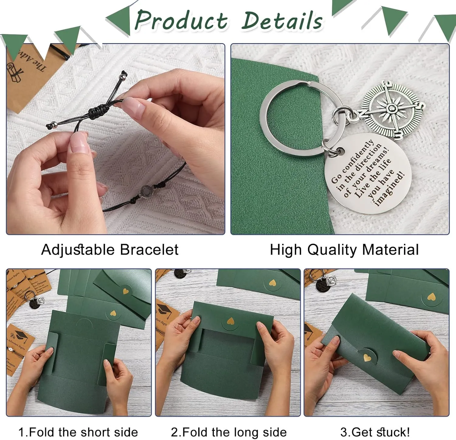 Cunno 12 Sets 2025 Graduation Gifts for Her Him Include 12 Compass Bracelet 12 Graduation Keychain 12 Kraft Envelopes