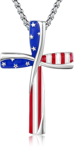 CUOKA MIRACLE American Flag Cross Necklace 925 Sterling Silver Patriotic Jewelry Religious Cross Pendant Necklace Independence Day Patriotic Jewelry Gift for Men Women