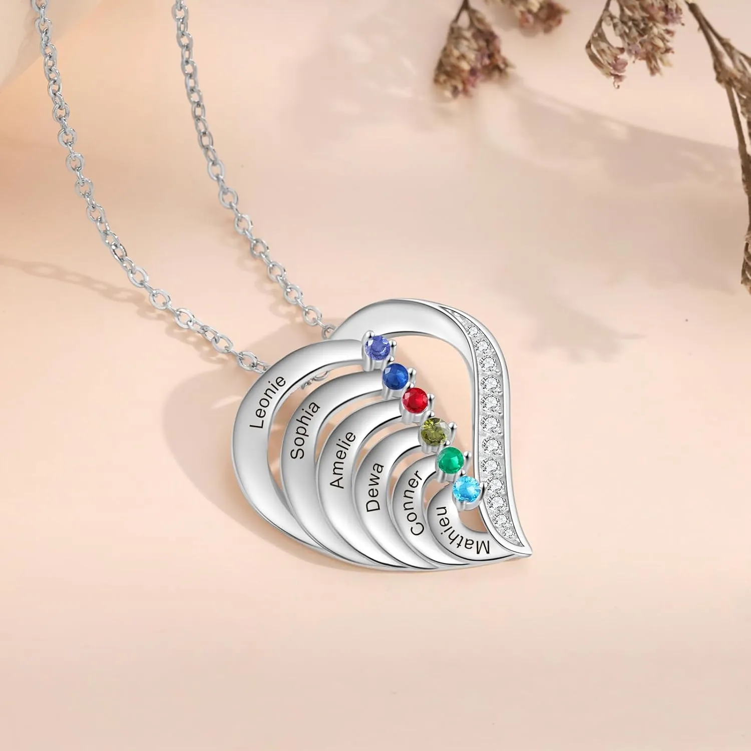 Custom Heart Birthstone Necklace for Women - Personalized Pendant Necklace for Mom Gifts for Engraved Names Necklace for Her Grandma Birthday Mothers Day Gifts Present