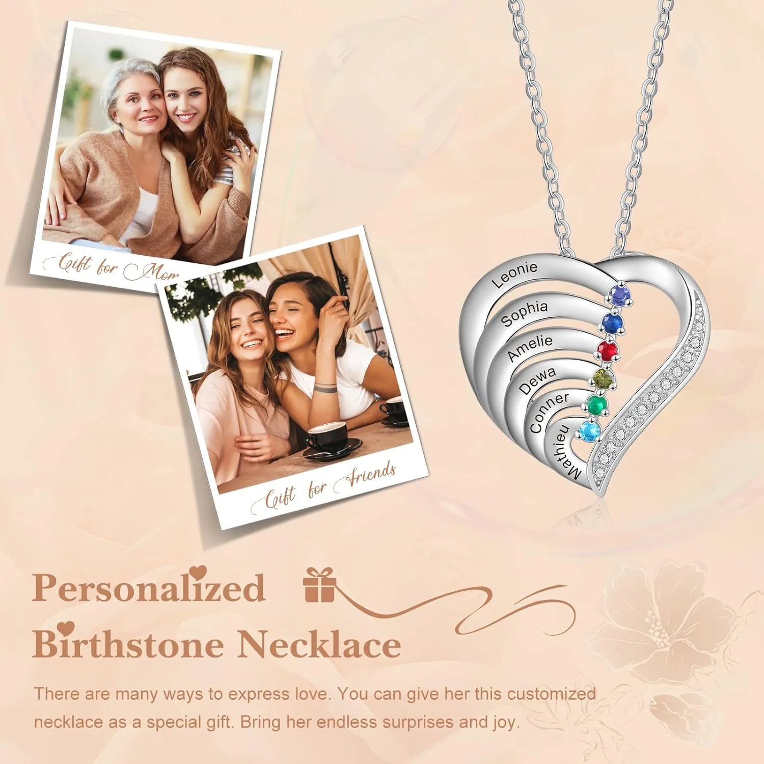 Custom Heart Birthstone Necklace for Women - Personalized Pendant Necklace for Mom Gifts for Engraved Names Necklace for Her Grandma Birthday Mothers Day Gifts Present