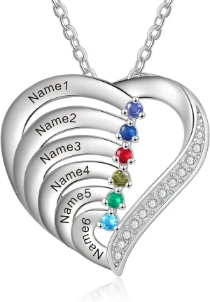 Custom Heart Birthstone Necklace for Women - Personalized Pendant Necklace for Mom Gifts for Engraved Names Necklace for Her Grandma Birthday Mothers Day Gifts Present