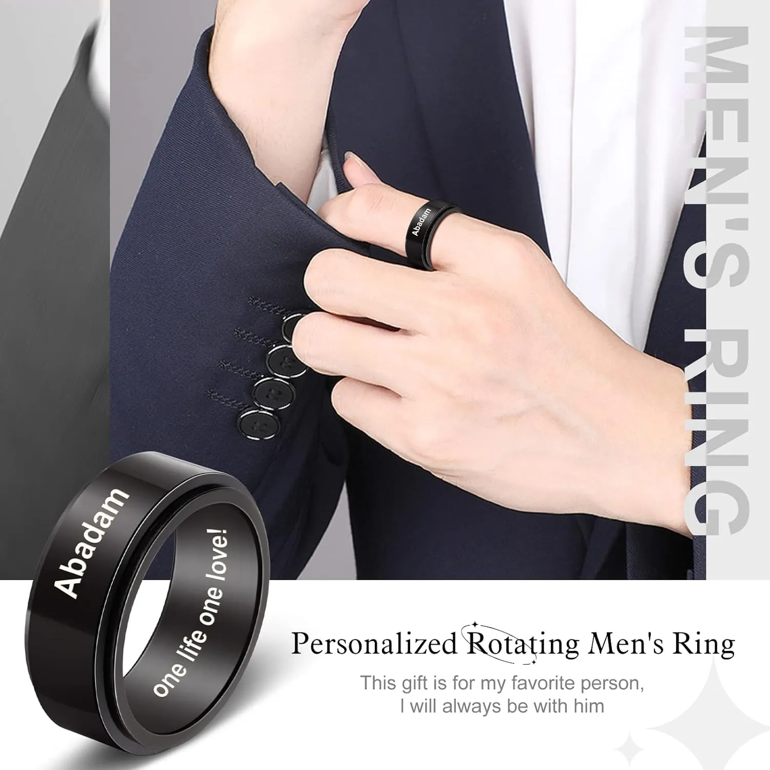 Custom Rotating Rings for Men, Stainless Steel Rotatable Band Rings, Personalized Friendship Ring Customized Couple Fidget Ring Engagement Ring Jewelry