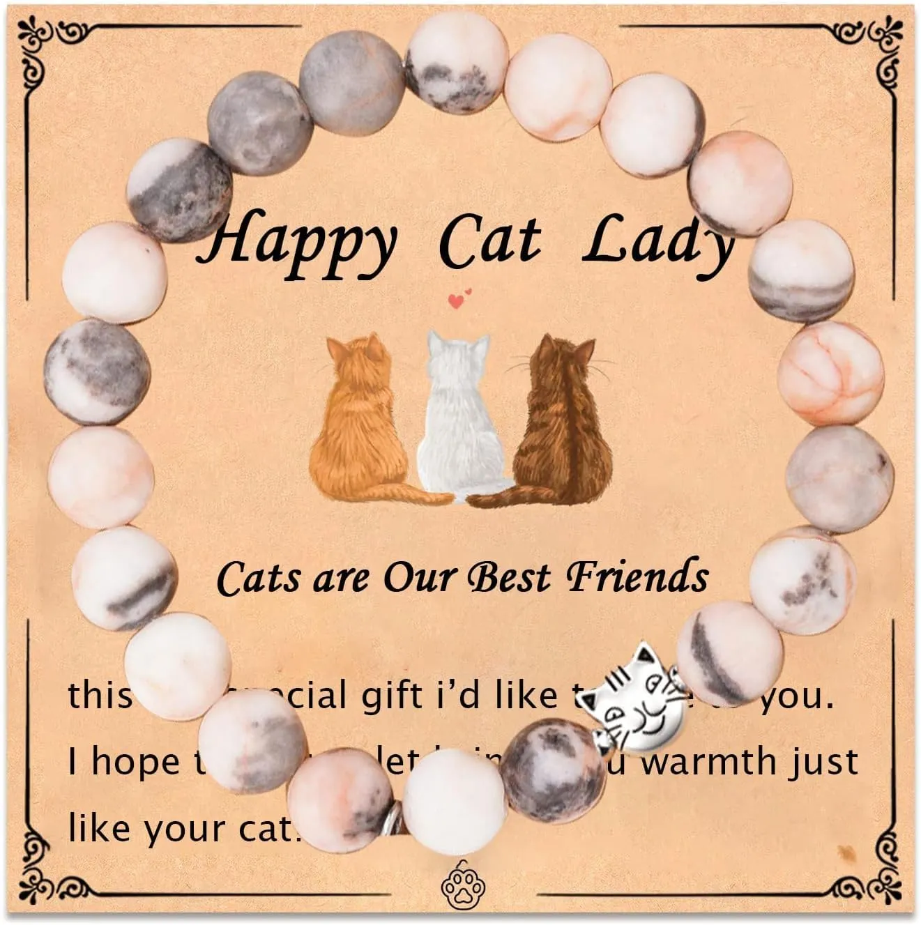 Cute Cat Bracelet Nature Stone Cat Beaded Stretch Bracelet for Women Inspirational Healing Crystal Good Luck Chakra Strand Adjustable Bracelet Crazy Cat Lady Gifts for Cat Lover Cat Mom