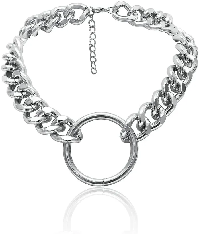 Daimay Women's Alloy Choker Necklace Heavy Cuban Chunky Chain Punk Gothic Necklaces - Silver Circle