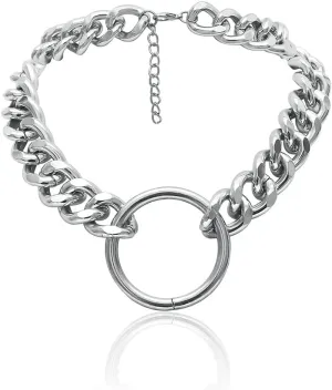 Daimay Women's Alloy Choker Necklace Heavy Cuban Chunky Chain Punk Gothic Necklaces - Silver Circle