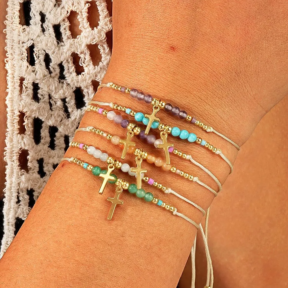 Dainty Cross Blessing Natural Crystal Bracelet for women,Handmade Boho Braided String Cross Bracelet Statement Minimalism Religious Gift Friendship Christian