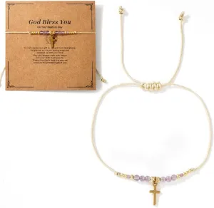 Dainty Cross Blessing Natural Crystal Bracelet for women,Handmade Boho Braided String Cross Bracelet Statement Minimalism Religious Gift Friendship Christian