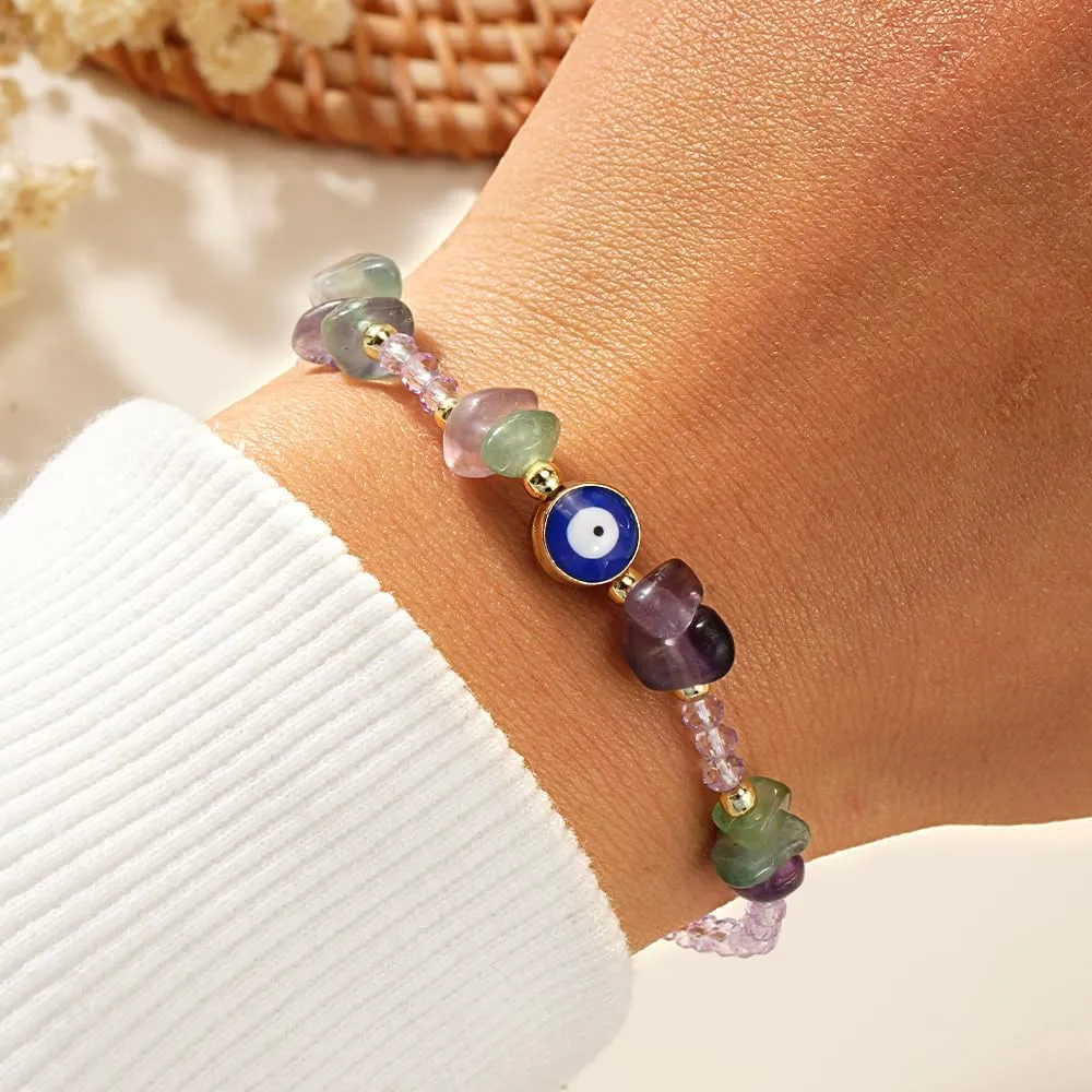 Dainty Evil Eye Crystal Beaded Stretch Bracelet for Women,Handmade Boho Natural Gemstone Bead Fashion Jewelry Gift