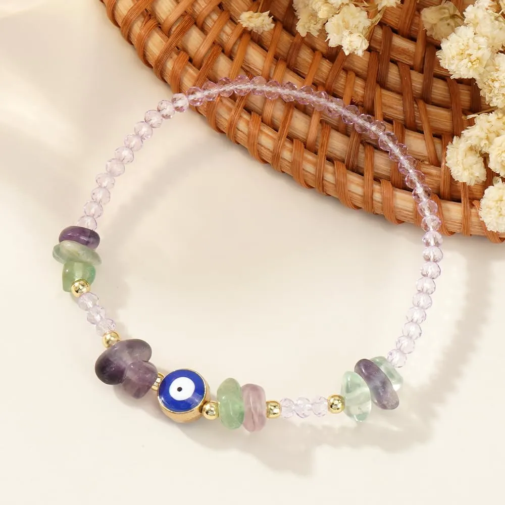 Dainty Evil Eye Crystal Beaded Stretch Bracelet for Women,Handmade Boho Natural Gemstone Bead Fashion Jewelry Gift