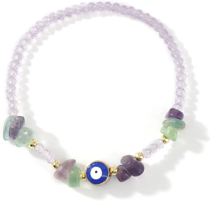 Dainty Evil Eye Crystal Beaded Stretch Bracelet for Women,Handmade Boho Natural Gemstone Bead Fashion Jewelry Gift