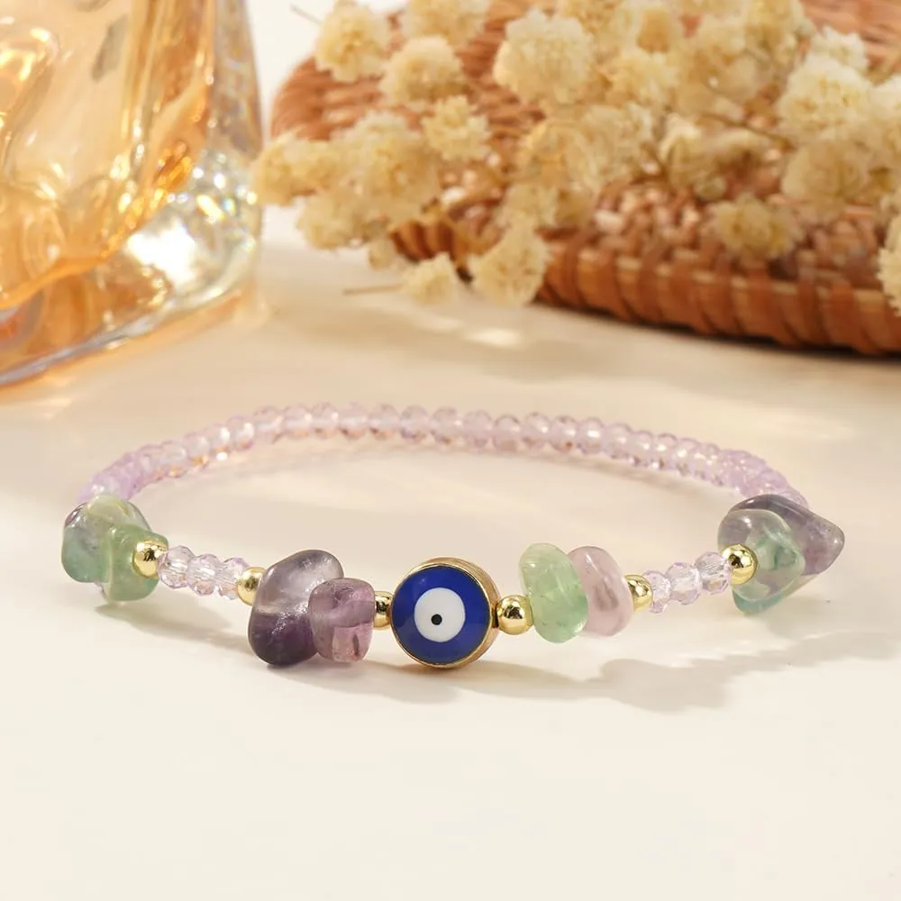Dainty Evil Eye Crystal Beaded Stretch Bracelet for Women,Handmade Boho Natural Gemstone Bead Fashion Jewelry Gift