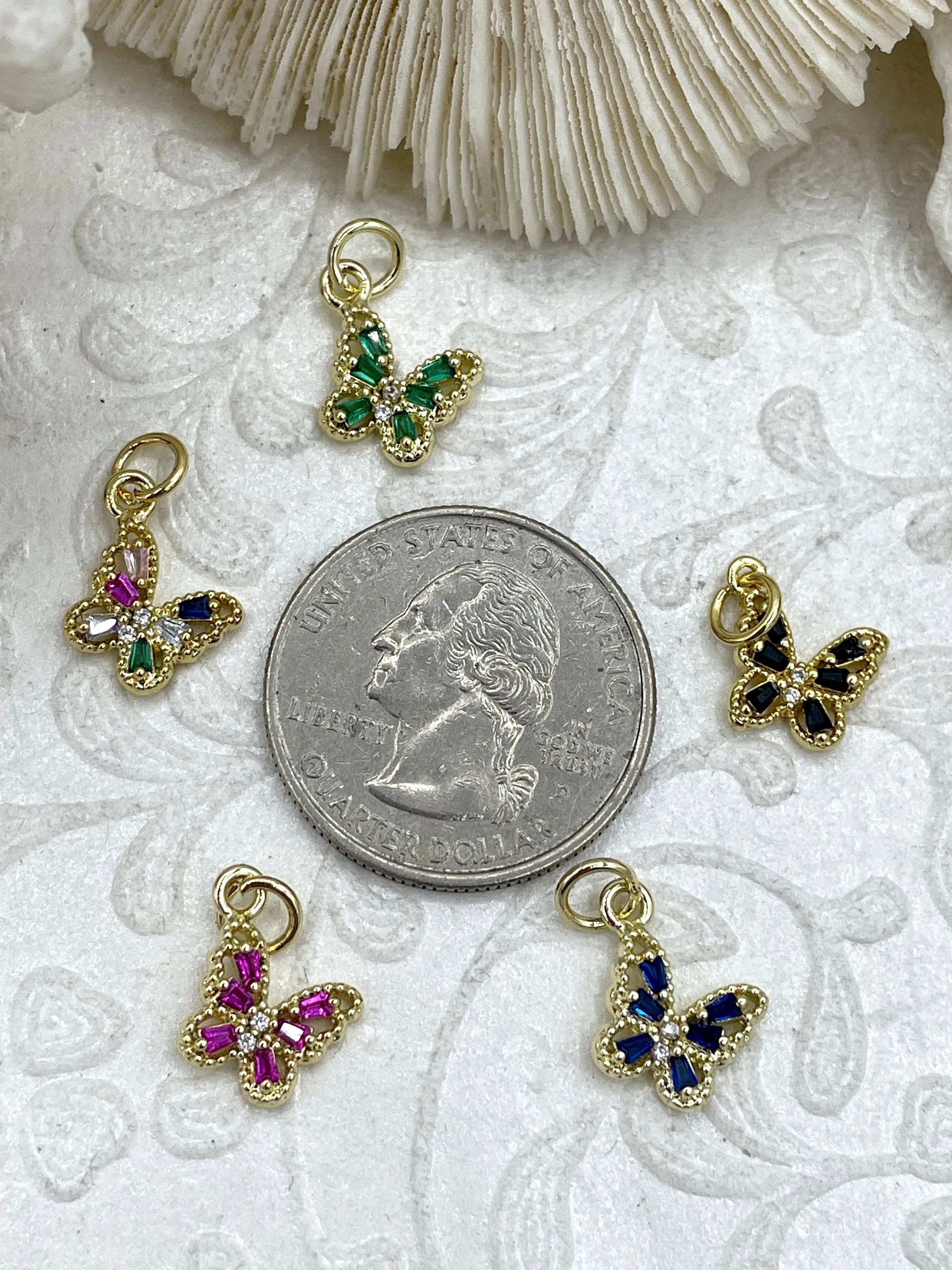 Dainty Gold Butterfly Charms with Colorful CZ, 7 Colors, Made of Gold Plated Brass Brass and Cubic Zirconia Butterfly Pendants. Fast Ship