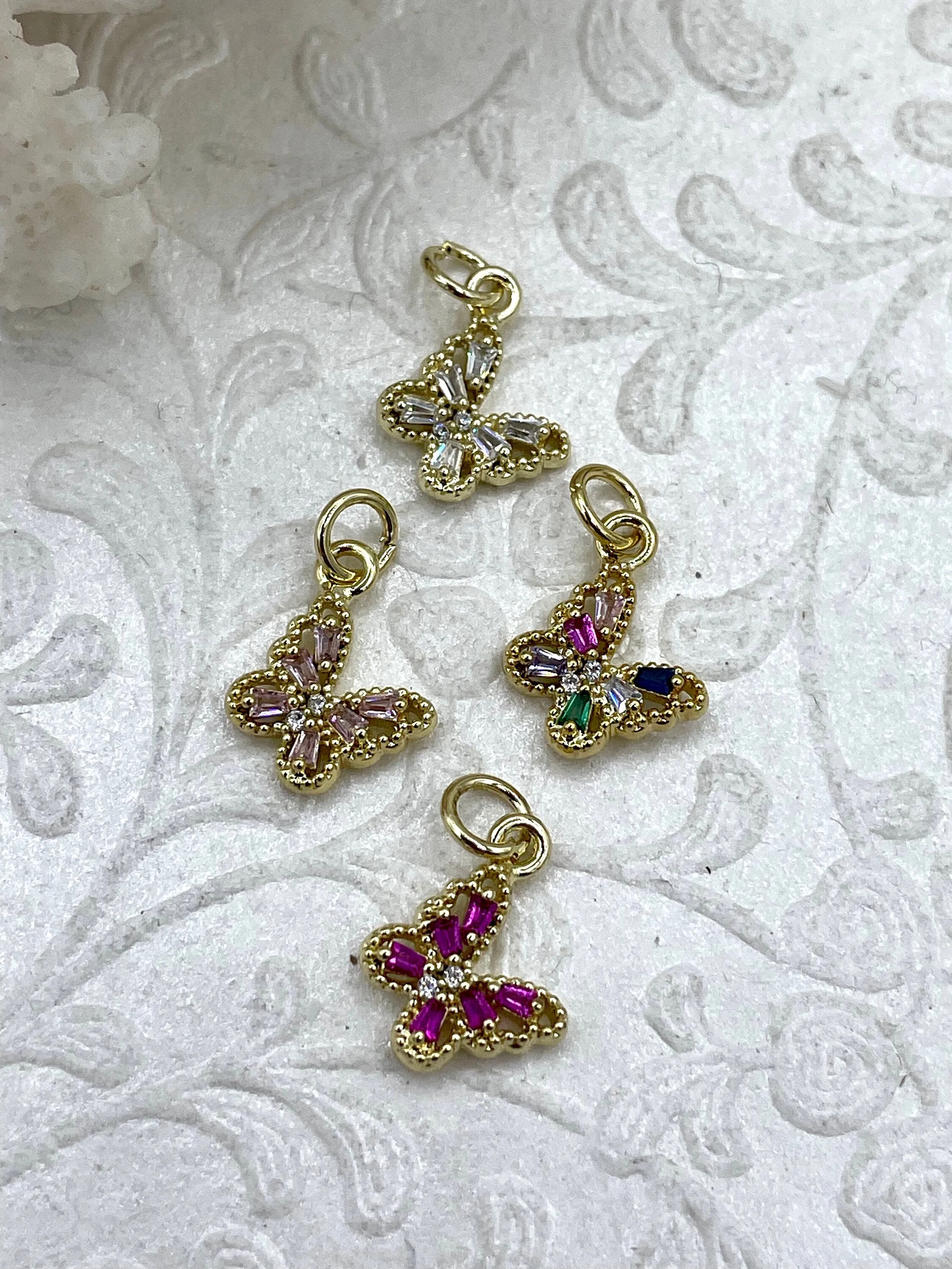 Dainty Gold Butterfly Charms with Colorful CZ, 7 Colors, Made of Gold Plated Brass Brass and Cubic Zirconia Butterfly Pendants. Fast Ship