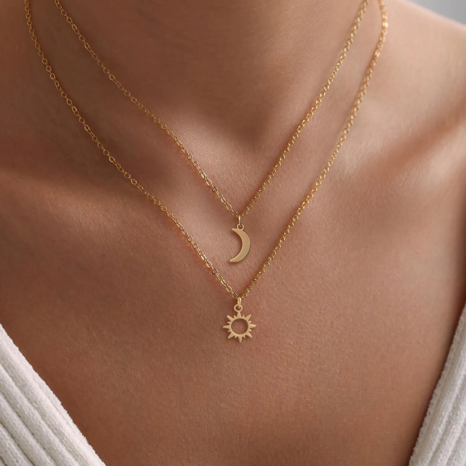 Dainty Gold Necklace: 14k Gold Plated Dianty Boots Bow Sun Moon Horse Evil Eye Conch Seahorse Necklace for Women 16.5" 2"
