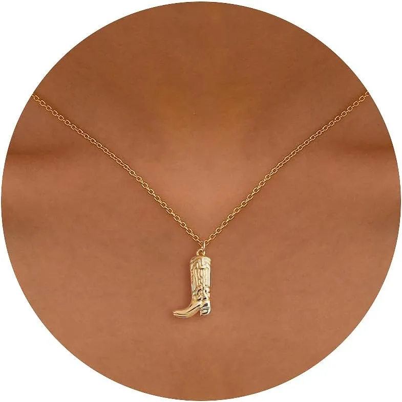 Dainty Gold Necklace: 14k Gold Plated Dianty Boots Bow Sun Moon Horse Evil Eye Conch Seahorse Necklace for Women 16.5" 2"