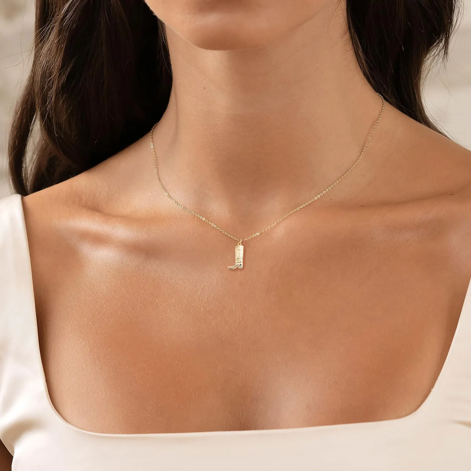Dainty Gold Necklace: 14k Gold Plated Dianty Boots Bow Sun Moon Horse Evil Eye Conch Seahorse Necklace for Women 16.5" 2"