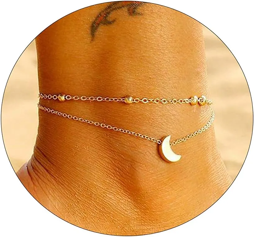 Dainty Gold/Silver Anklet for Women 14K Gold Plated Layered Satellite Beads Heart Anklets Layering Rhinestone Cubic Zirconia Ankle Bracelets Minimalist Summer Beach Foot Chain Ankle Jewelry Gifts