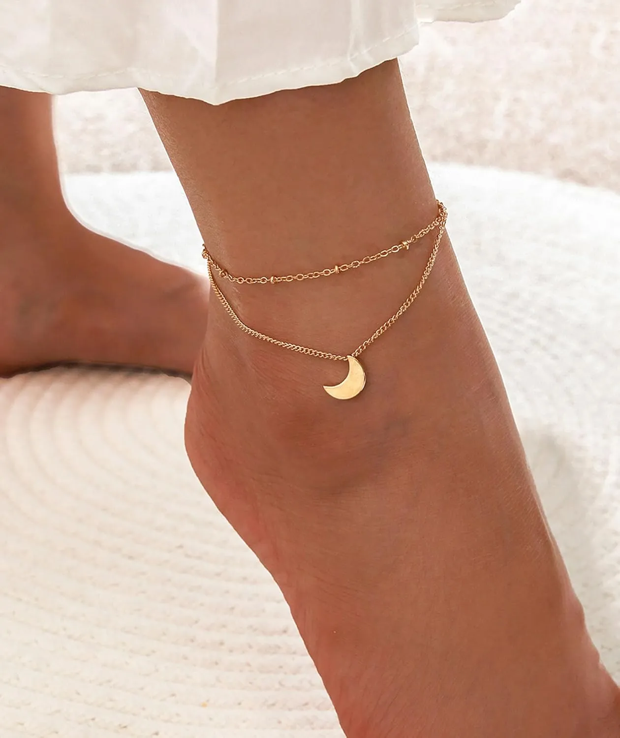 Dainty Gold/Silver Anklet for Women 14K Gold Plated Layered Satellite Beads Heart Anklets Layering Rhinestone Cubic Zirconia Ankle Bracelets Minimalist Summer Beach Foot Chain Ankle Jewelry Gifts