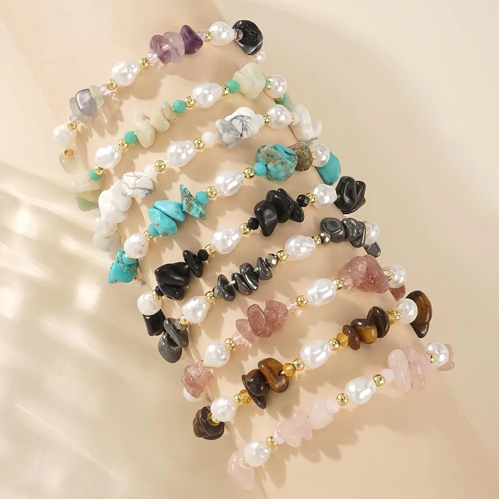 Dainty Natural Crystals Beaded Pearl Stretch Bracelet for Women,Handmade Boho Healing Gemstone Gold Plated Beads Trendy Hawaii Jewelry Mom Gift Friendship