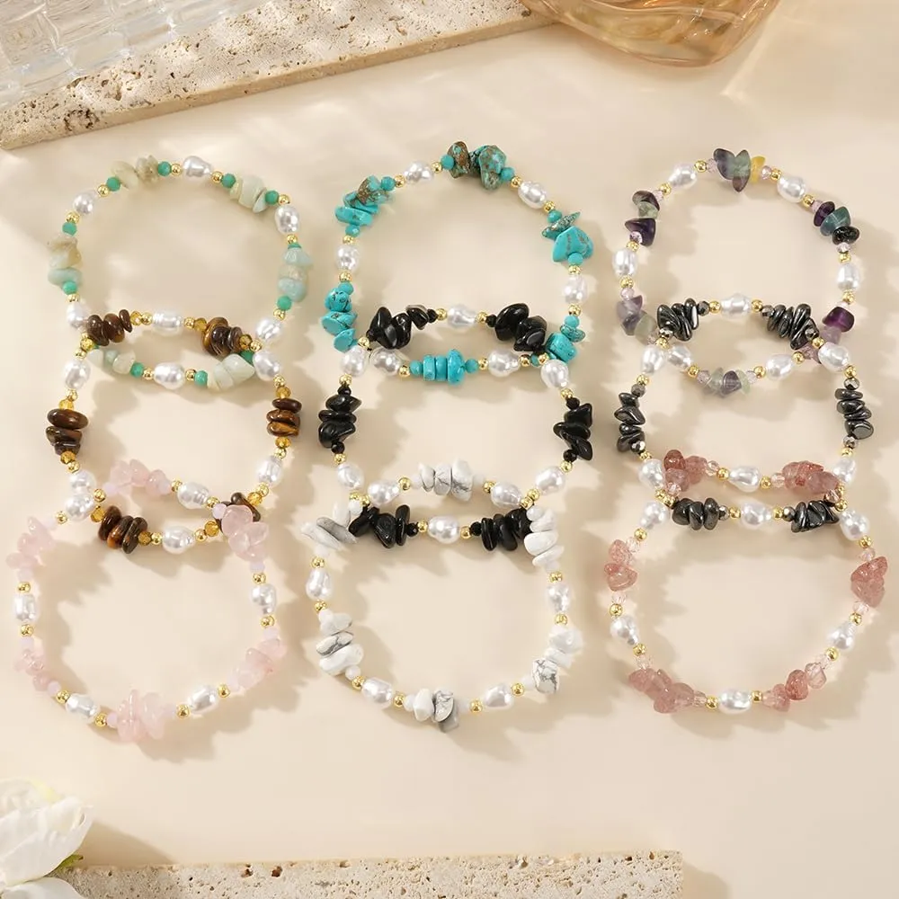 Dainty Natural Crystals Beaded Pearl Stretch Bracelet for Women,Handmade Boho Healing Gemstone Gold Plated Beads Trendy Hawaii Jewelry Mom Gift Friendship
