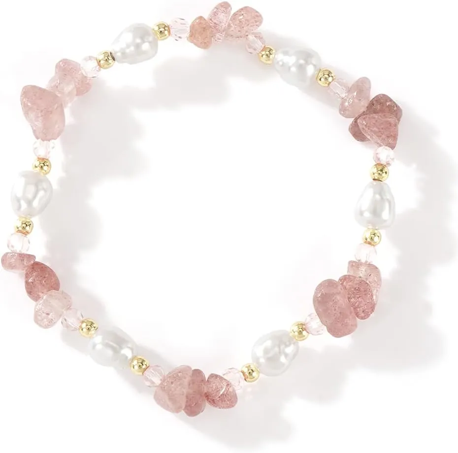 Dainty Natural Crystals Beaded Pearl Stretch Bracelet for Women,Handmade Boho Healing Gemstone Gold Plated Beads Trendy Hawaii Jewelry Mom Gift Friendship