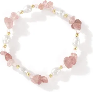 Dainty Natural Crystals Beaded Pearl Stretch Bracelet for Women,Handmade Boho Healing Gemstone Gold Plated Beads Trendy Hawaii Jewelry Mom Gift Friendship