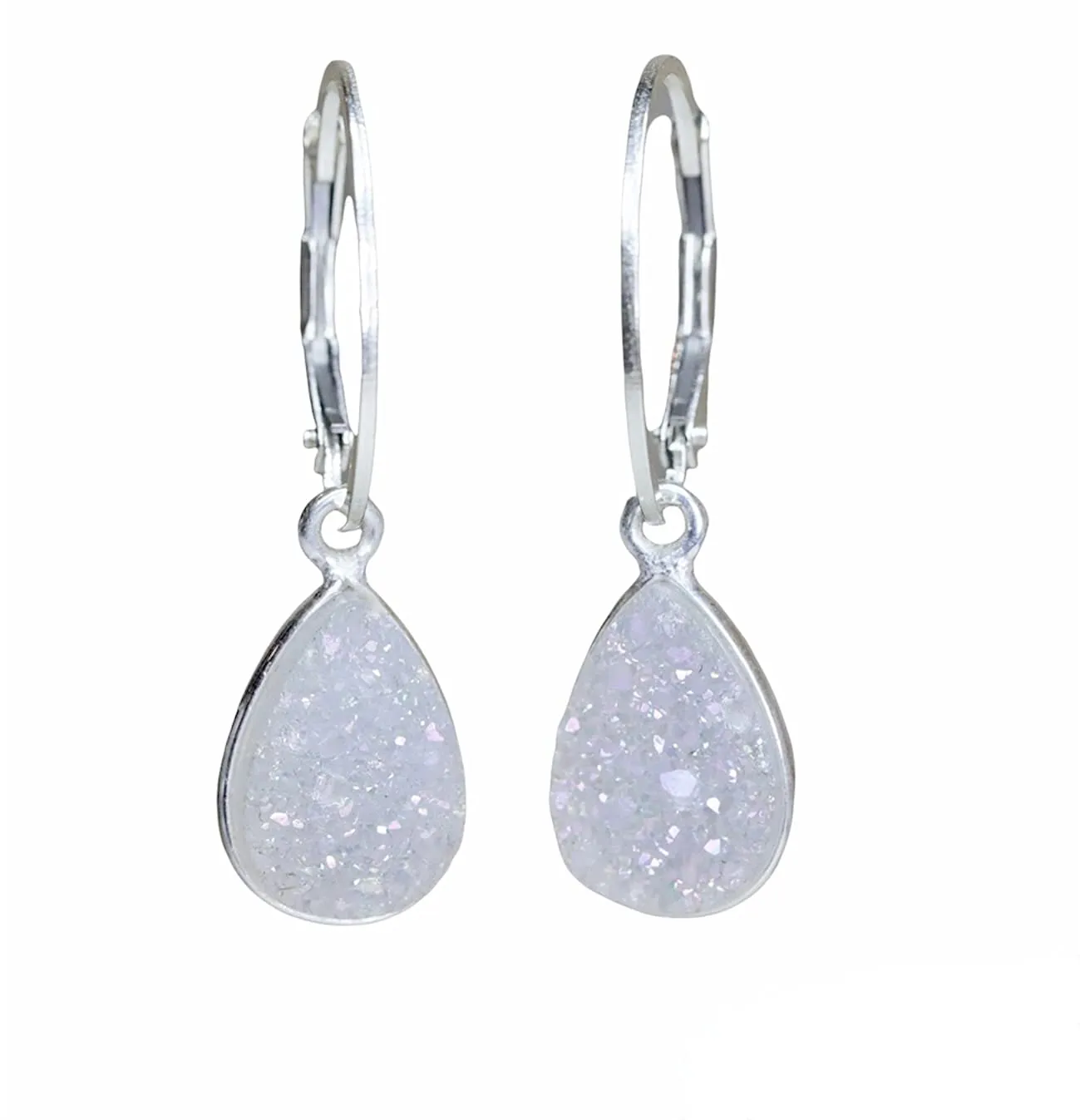 Dainty White Druzy Gemstone Teardrop Earrings-Sterling Silver Drop-Women's Jewelry- Gift Idea-Anniversary-Date-Holiday-Christmas