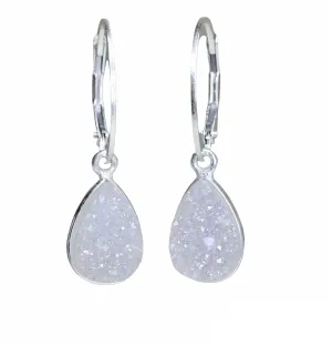 Dainty White Druzy Gemstone Teardrop Earrings-Sterling Silver Drop-Women's Jewelry- Gift Idea-Anniversary-Date-Holiday-Christmas
