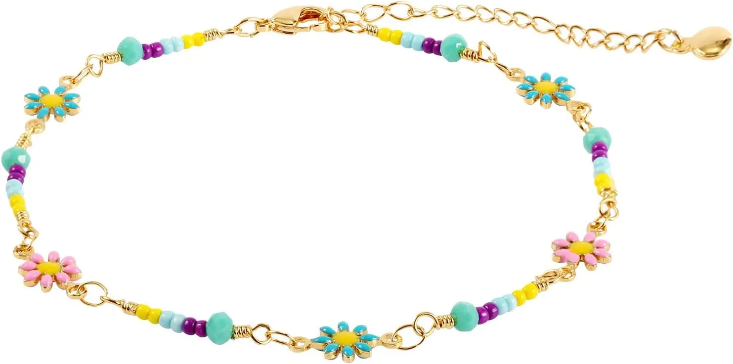 Daisy Anklet, Gold Beaded Flower Anklet Dainty Colorful Foot Chain Summer Beach Boho Foot Jewelry Gift for Women Girls for Birthday Valentine's Day Anniversary Christmas