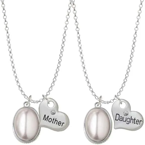 Delight Jewelry Silvertone Small Oval Cabochon Mother & Daughter Heart Necklaces (Set of 2), 19" 2"