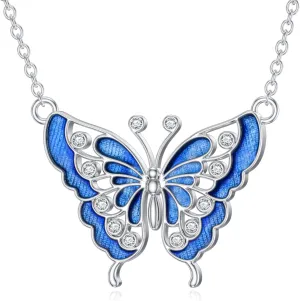 Diamond Blue Butterfly Necklace for Women 925 Sterling Silver Butterfly Pendant Necklace Butterfly Jewelry Gift for Women Wife