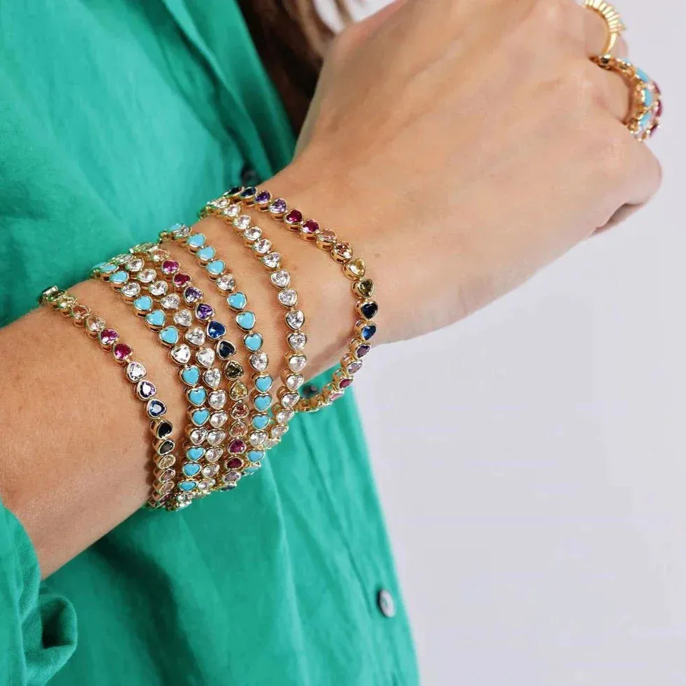 Diamond CZ Bezel Heart Tennis Bracelet