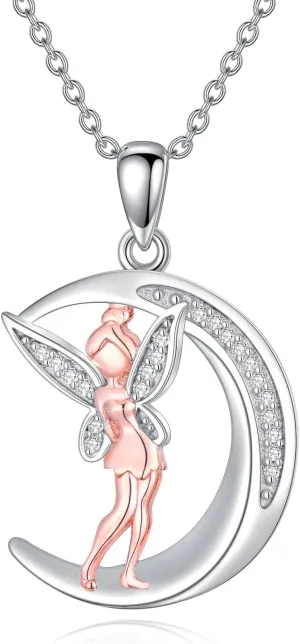Diamond Elf Necklace for Women Sterling Silver Moon Fairy Pendant Necklace