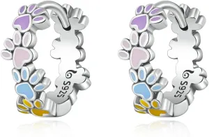 Dog Cat Paw Earrings Sterling Silver 925 - Shysnow Cute Pet Puppy Paws Print Colorful Enamel Heart Footprint Animal Small Huggie Hoop Earrings for Women Girls Animal Lovers