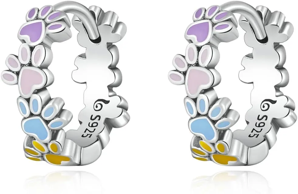 Dog Cat Paw Earrings Sterling Silver 925 - Shysnow Cute Pet Puppy Paws Print Colorful Enamel Heart Footprint Animal Small Huggie Hoop Earrings for Women Girls Animal Lovers