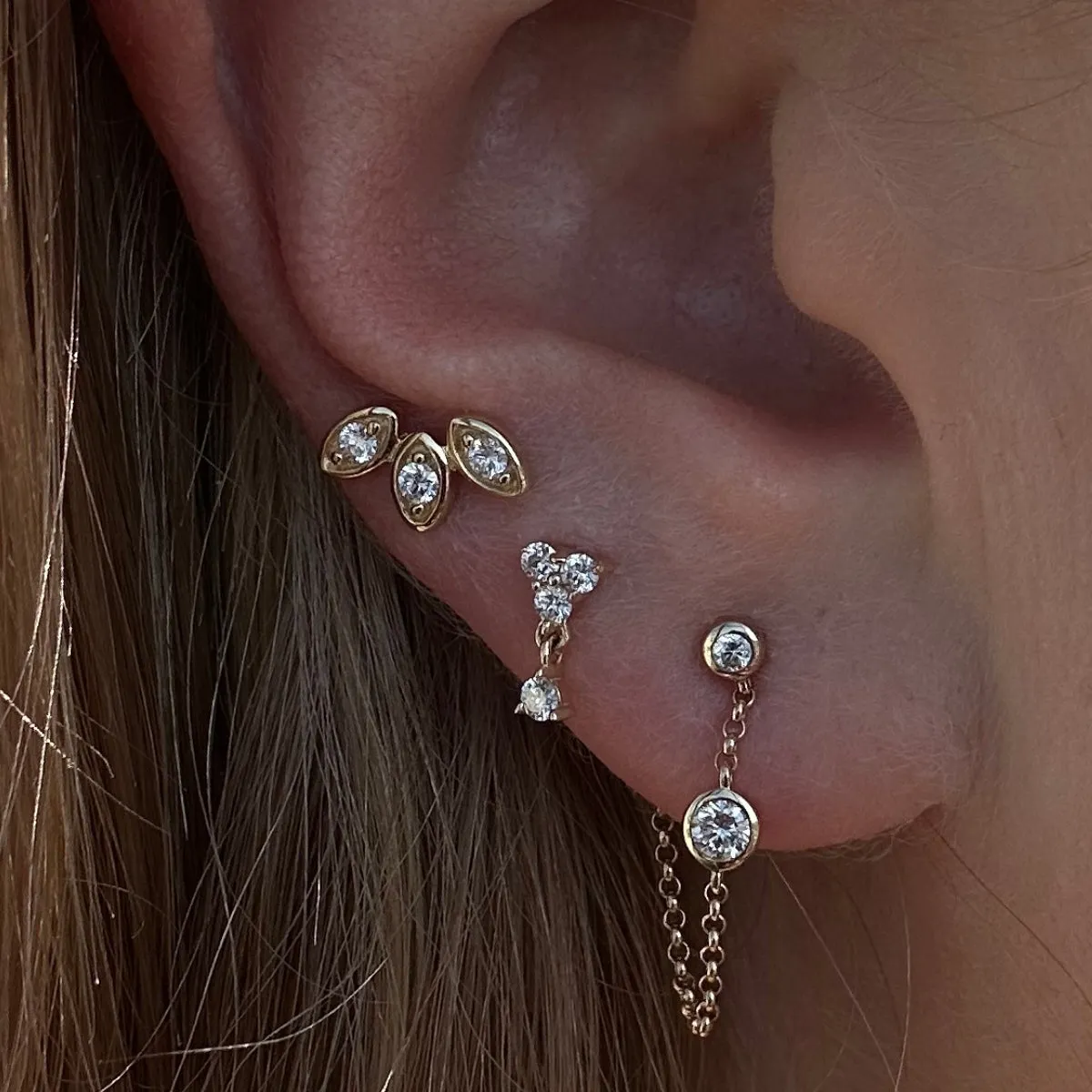 Double Bezel Diamond Drop Chain Studs (Sold as Singles)