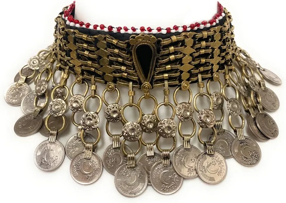 Duel On Jewel Womens Afghan Tribal Choker Necklace, Antique Oxidized Metal with Multicolor Glass Beads, Engraved Coins, and Dangling Metal Bead Charms, Bohemian Belly Dance Indian Festival Jewelry