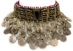 Duel On Jewel Womens Afghan Tribal Choker Necklace, Antique Oxidized Metal with Multicolor Glass Beads, Engraved Coins, and Dangling Metal Bead Charms, Bohemian Belly Dance Indian Festival Jewelry