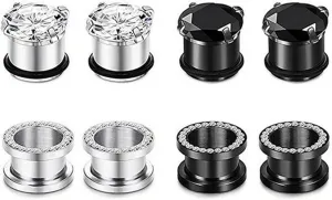 Ear Gauges Stainless Steel Women Men Silver Black Hoop with Cubic Zirconia Ear Tunnels Ear Expander Body Piercing Jewelry, 8PCS, 3MM - 20MM