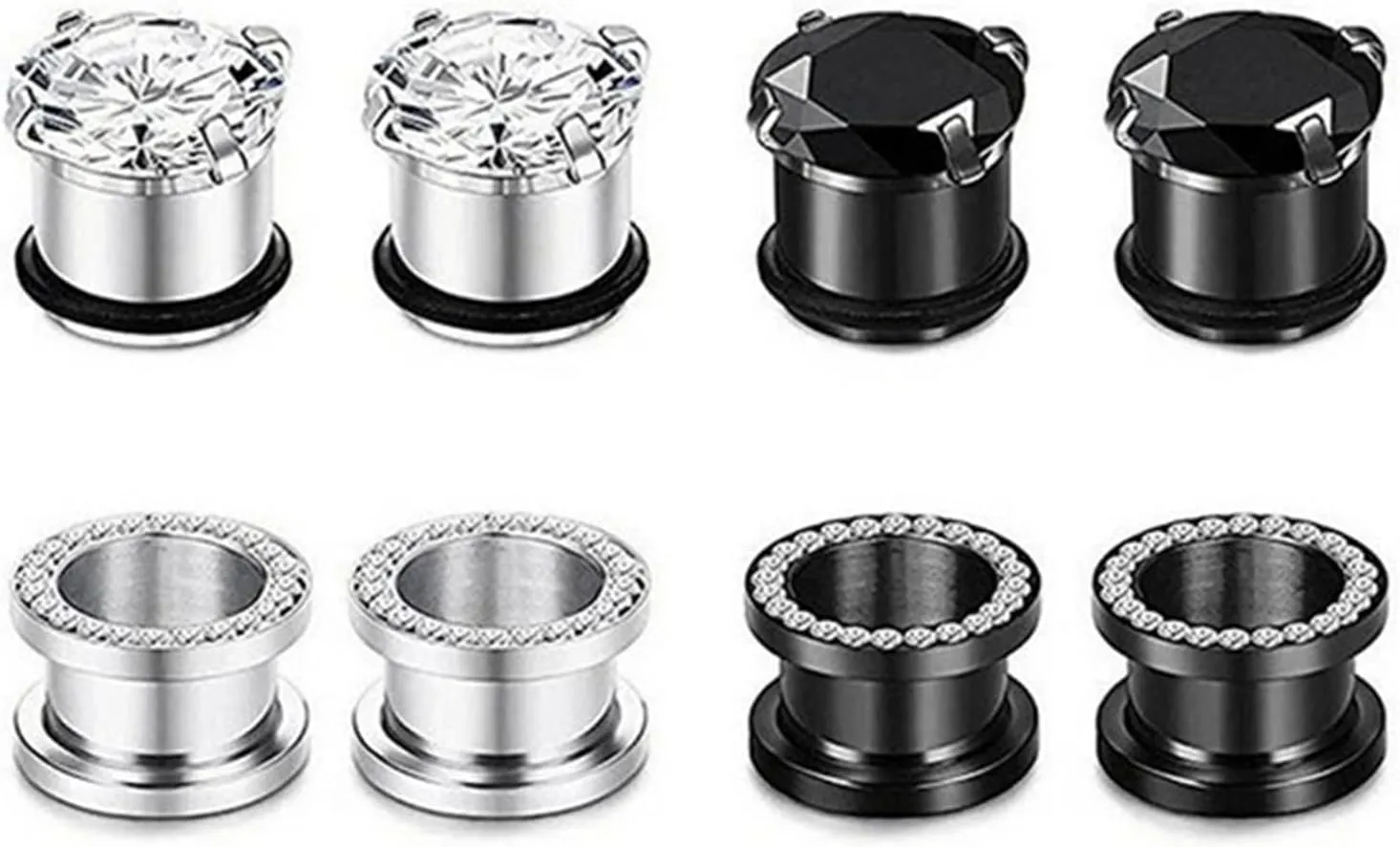 Ear Gauges Stainless Steel Women Men Silver Black Hoop with Cubic Zirconia Ear Tunnels Ear Expander Body Piercing Jewelry, 8PCS, 3MM - 20MM