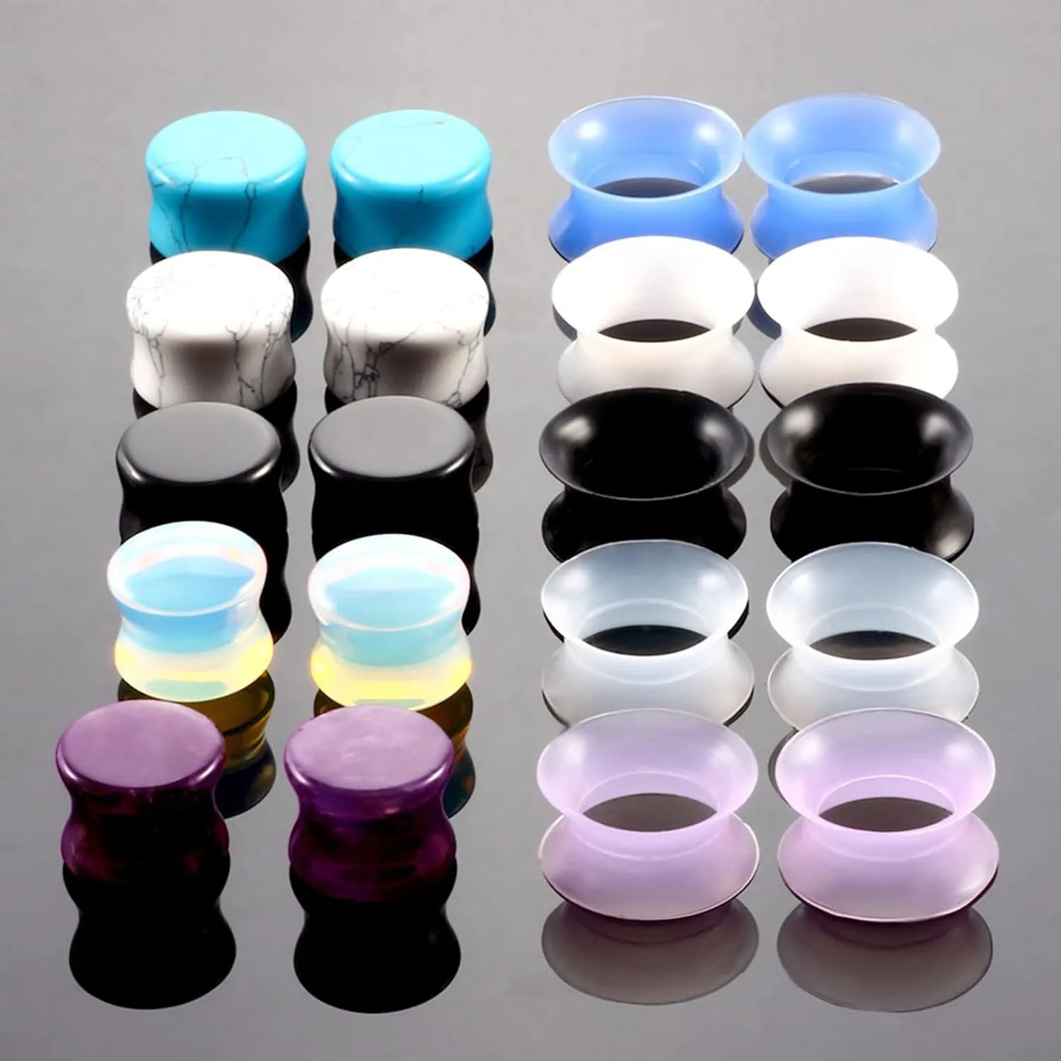 Ear Gauges Stretching, 20PCS Ear Tunnels Multicolor Round Stone and Hoop Women and Men Tunnel Ear