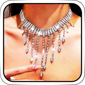 EARENT Rhinestone Choker Necklaces Jewelry Silver Sparkly Tassel Necklace Prom Nightclub Neck Chain for Women