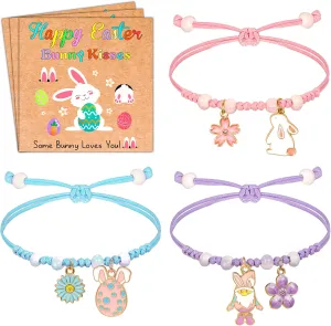 Easter Gifts for Kids, 3 Pcs Adjustable Bunny Charm Bracelets with Bunny Card, Cute Jewelry Bracelet Easter Basket Stuffers for Teens Women Toddler